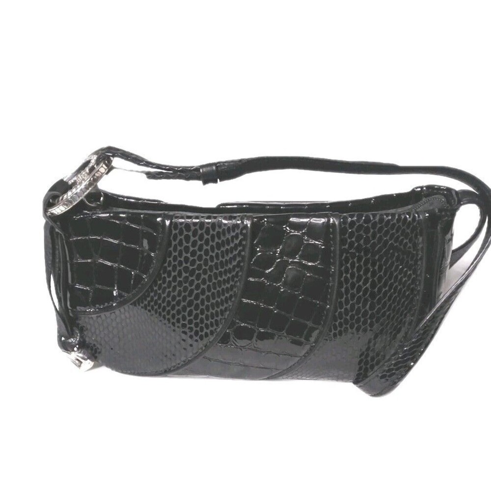 Brighton Black Shoulder Bag Snakeskin & Croc Embossed Love Ring Silver Accent